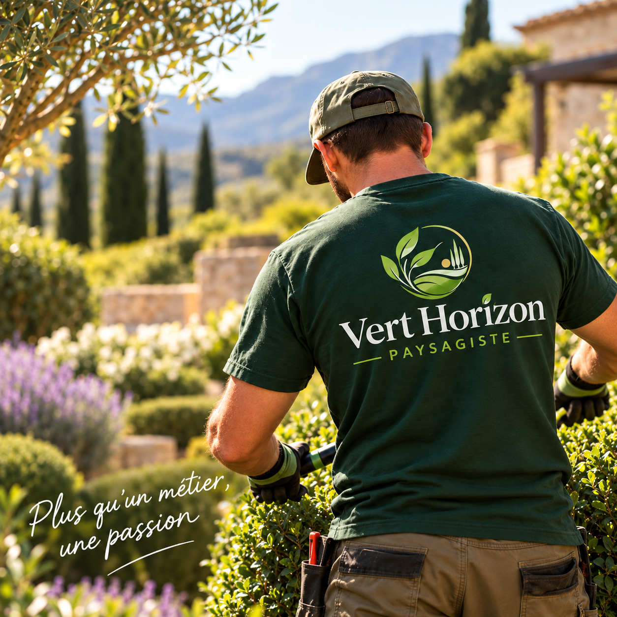 Artisan paysagiste Vert Horizon dans un jardin, de dos